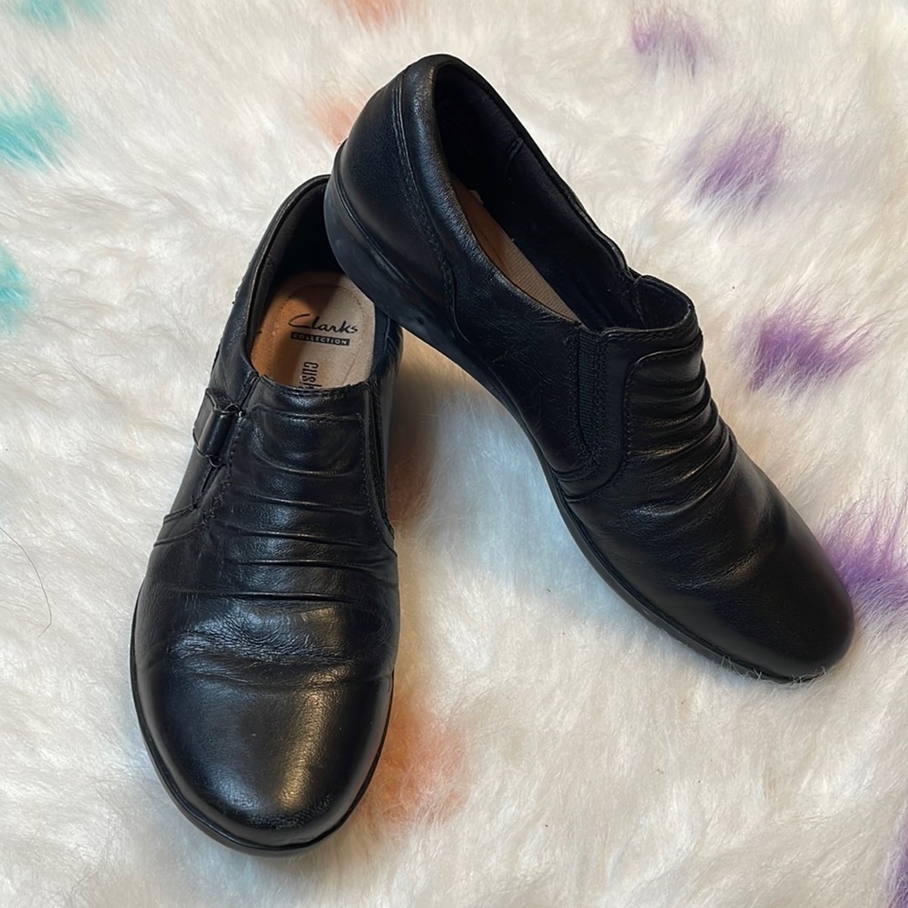 Clarks Collection Woman’s Soft Cushion Black Everlay Coda Leather Wedge Loafers - Picture 1 of 9